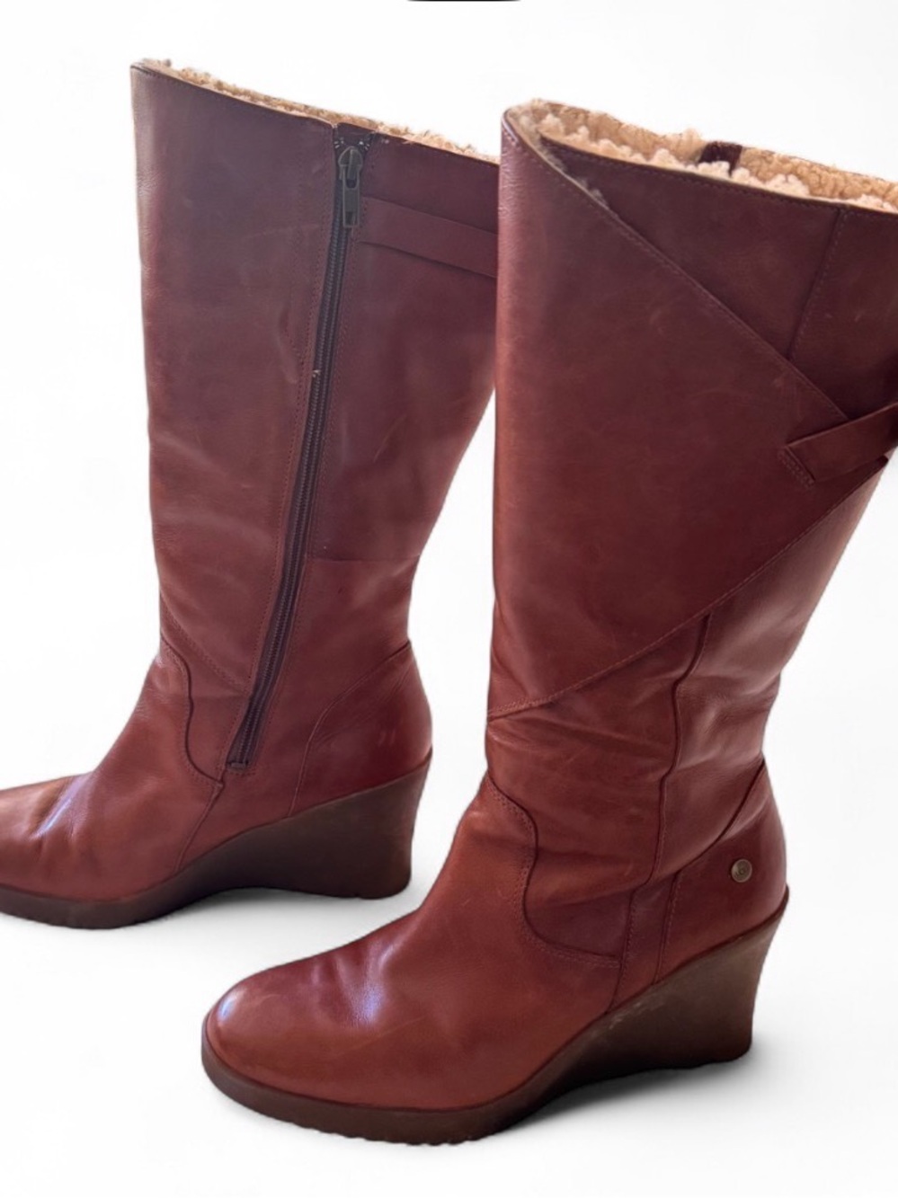 UGG Australia Women's Brown Leather Wedge Boots Mid-Calf Size US 10 EU 41 UK 8.5